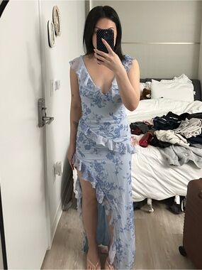 Light Blue Floral Ruffle Maxi Dress